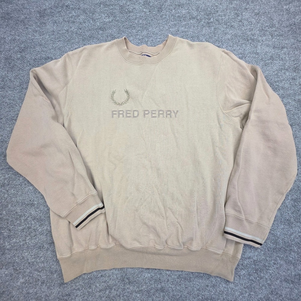 Fred Perry Sweatshirt Men's XL Beige Spellout Crew Neck Oversized *Mark
